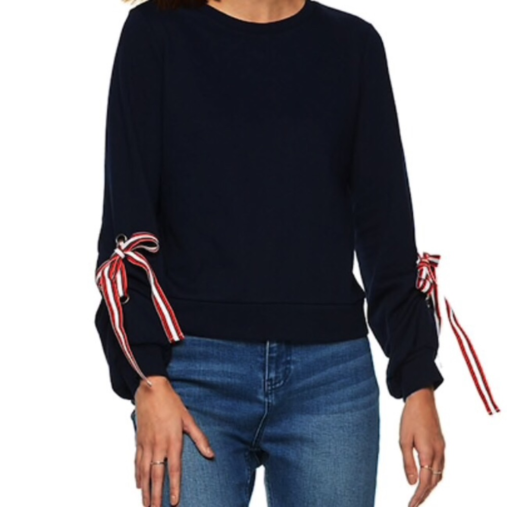 Boxy Navy  Sweatshirt with Ribbon Laced Sleeve